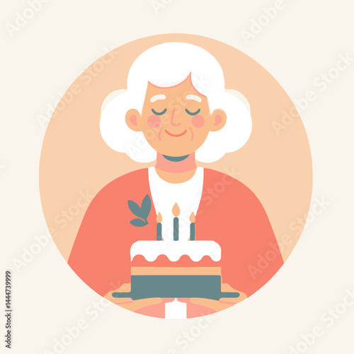 Elderly woman celebrating birthday with cake against soft background  