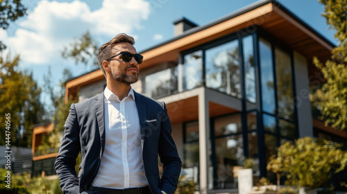 Confident man in formal suit and sunglasses standing outside a modern luxury house under sunny sky, representing real estate, success, wealth, and contemporary architectural lifestyle.