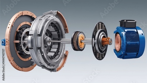 Explodedview drawing of a permanent magnet synchronous motor PMSM, focusing on rotor magnets and windings