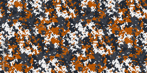 Abstract digital camouflage pattern in orange, gray, and white.  Perfect for backgrounds, textiles, or militarythemed designs.