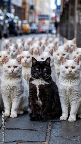 Black Cat Among White Feral Cats Sitting on Street in Dense Urban Grouping photo