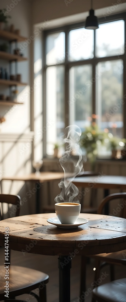 Fototapeta premium A steaming cup of rich, dark coffee sits on a rustic wooden table, surrounded by scattered coffee beans and a silver spoon, with soft morning light filtering through a nearby window.