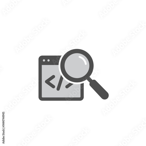 Code Inspection: A magnifying glass inspecting a webpage's source code, symbolizing the process of debugging, reviewing, or auditing software.