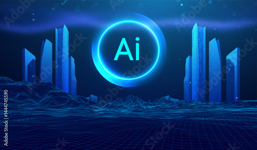 Future city smart tech building background abstract AI technology concept. Neon digital skyline architecture hologram design cyberpunk grid. Investment network system infrastructure energy globe.