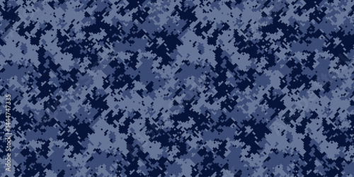 Abstract digital camouflage pattern in shades of blue.  Perfect for backgrounds, textiles, or militarythemed designs.  The intricate, pixelated texture offers a sense of concealment and mystery.