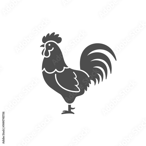 Proud Rooster Icon: A majestic rooster, with detailed feathers and a distinctive comb, stands tall against a simple backdrop, representing farm life.