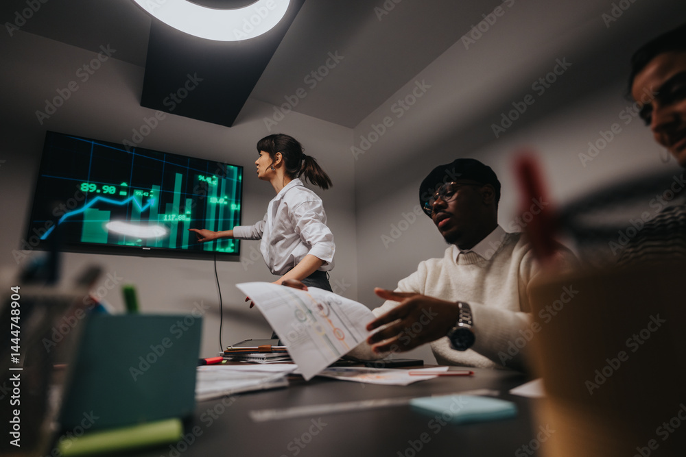 Colleagues in a workplace engage in a discussion while analyzing financial charts on a screen.