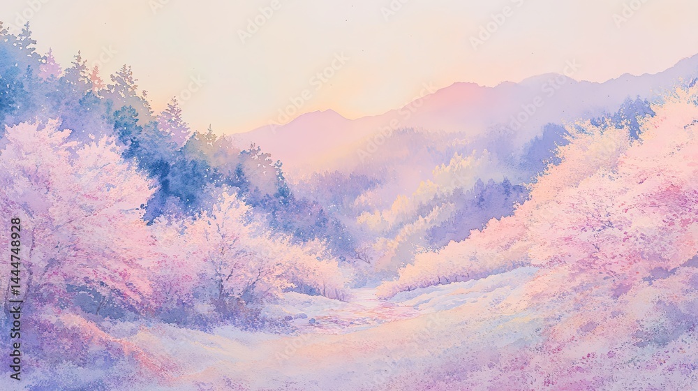 Fototapeta premium Watercolor pointillism, pastel CMYK colors, spring, emotional landscape of spring