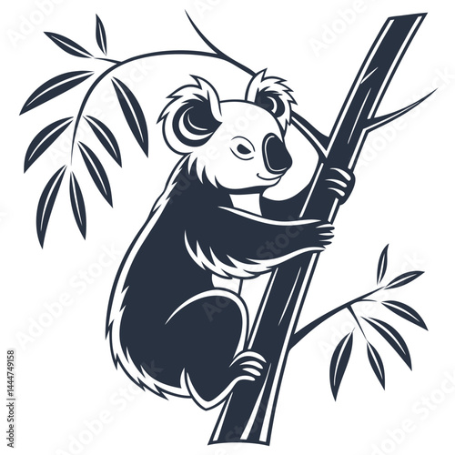 Stylized Koala Bear Clinging to Bamboo Branch, Monochrome Illustration, Isolated Icon