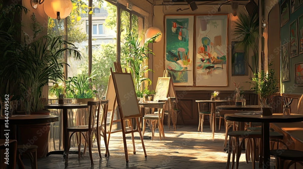 Obraz premium Relaxing cafe with soft lighting, easels, and creative available..