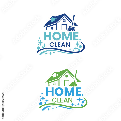 Home Cleaning Service Logo Design with House and Broom in Blue and Green Variations