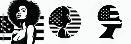 The African American Girl. 4th of july Independence Day Symbol Vector Clip art. Young afro descendant female heritage ethnicity black youngster culture identity.