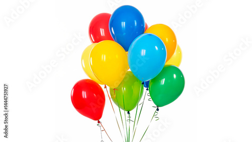  brightly colored balloons in red, blue, yellow, and green isolated on transparent background