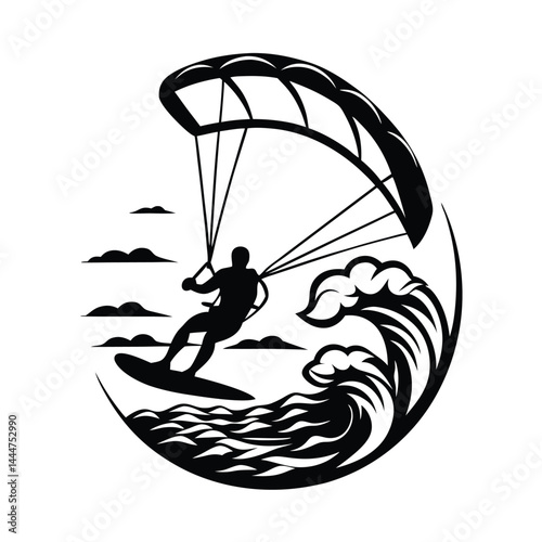 Black Silhouette of Man Kitesurfing on Wavy Ocean with Parachute in Round