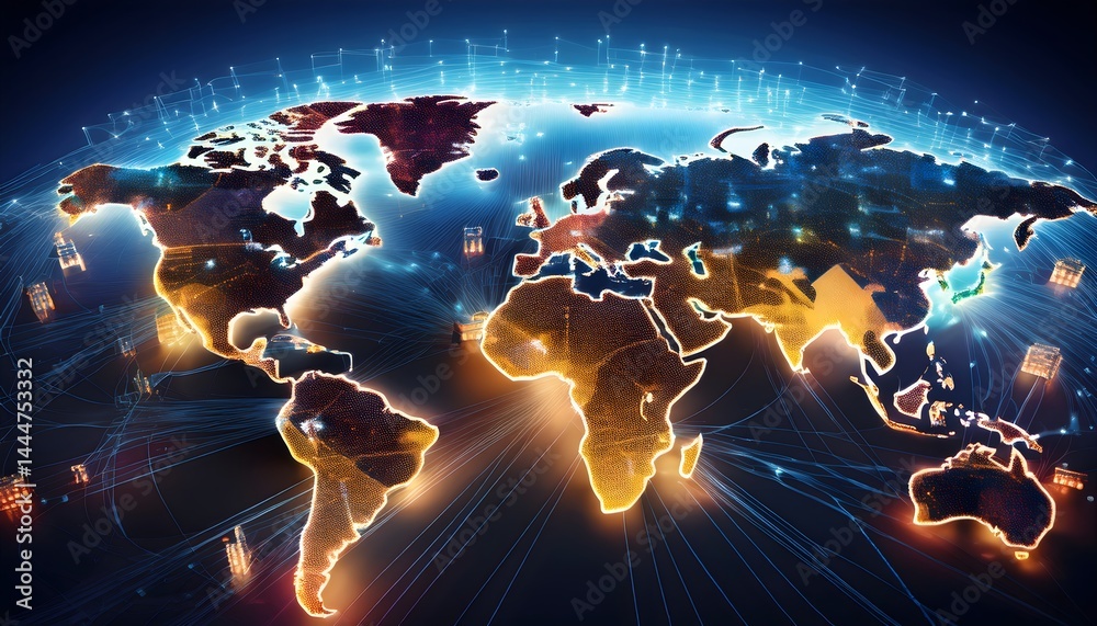 Obraz premium Global supply chain management overview with world map, logistics network, distribution.