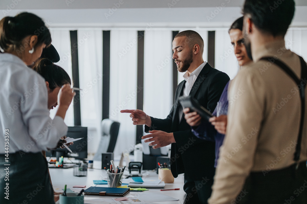 A group of professionals participating in a collaborative and interactive meeting in a modern workspace, sharing ideas and working together to establish innovative solutions.
