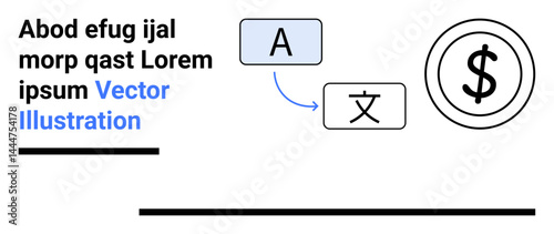 Letter A translated to foreign character using arrow, dollar sign symbolizing monetization. Ideal for language services, communication, translation, global reach, finance, technology, simple landing