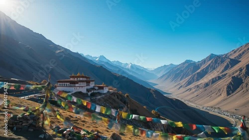 Himalayan Monastery Sunrise with Prayer Flags and Mountain Valley Vista