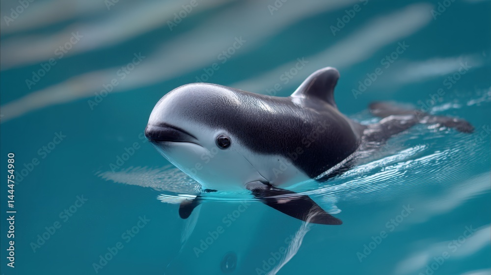 Naklejka premium Playful Dall's Porpoise Calf Swimming in Clear Water