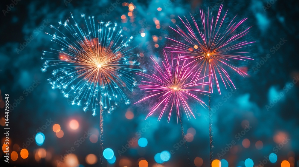 Naklejka premium Vibrant Explosions of Colorful Fireworks Illuminating the Night Sky Creating a Festive and Joyful Atmosphere