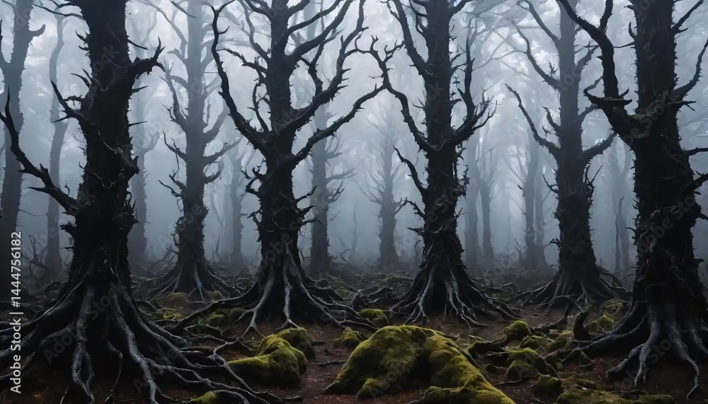 Obraz premium Twisted Thorny Forest Shrouded in Fog with Gnarled Trees