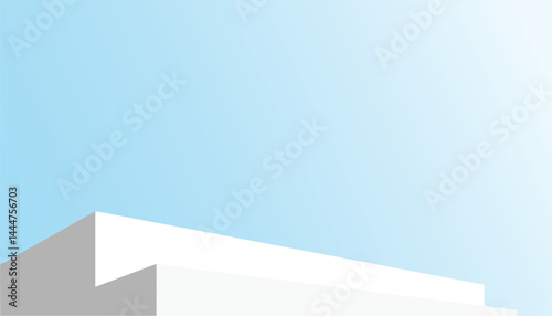 White podium with geometric steps on blue gradient background, minimal and modern design, clean and calm atmosphere