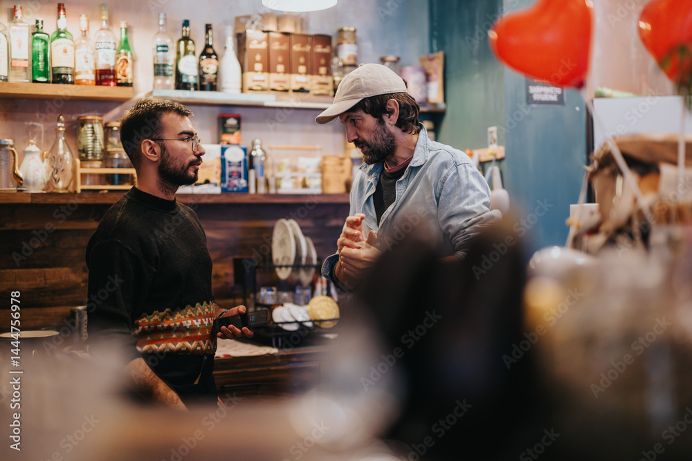 Two individuals engage in conversation inside a warmly lit cafe featuring cozy decor, shelves with drinks and ornaments, and a social atmosphere.