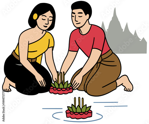 Illustration of a couple releasing krathongs during the Loy Krathong festival. Traditional Thai celebration with floating offerings on water. 