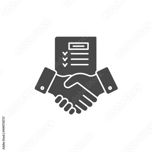 Business Agreement: A stylized vector icon depicting the culmination of a professional agreement between two individuals, with two hands clasped in a handshake, and a contract in the background.