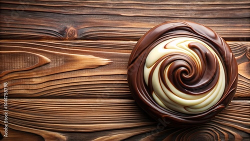 Dark brown and creamy white swirled chocolate with a glossy finish on a wooden table background, food