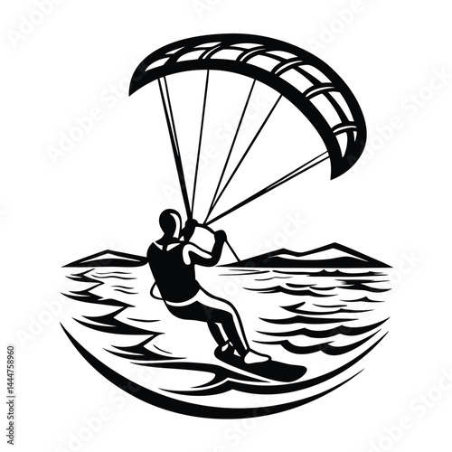 Kitesurfer Icon, Silhouette of Man Riding Waves, Watersport in Ocean, Black and White