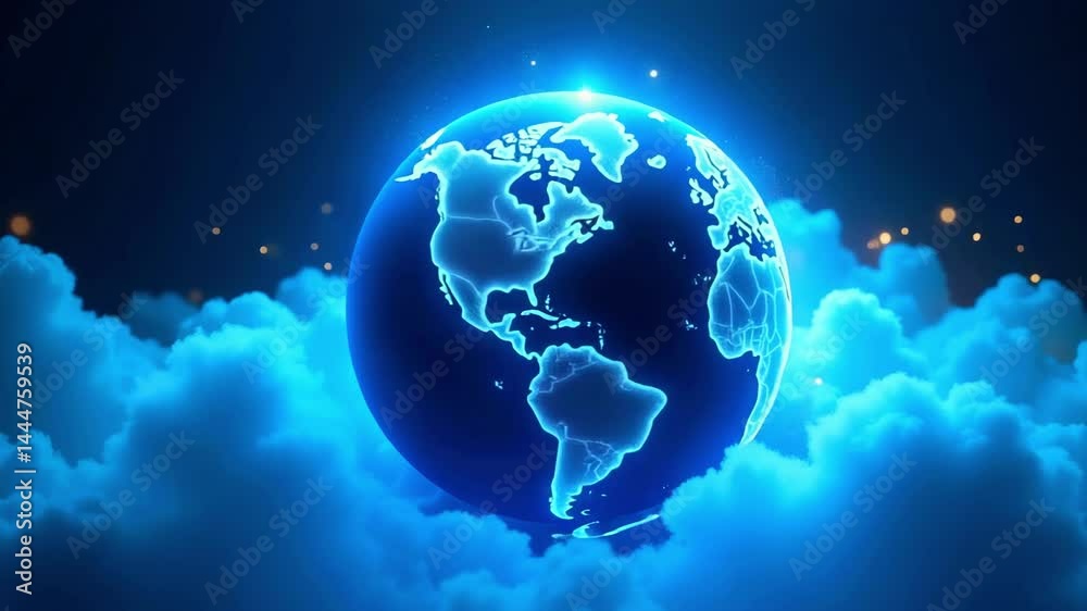 Glowing blue globe surrounded by clouds, illustrating Earth with detailed continents and lights