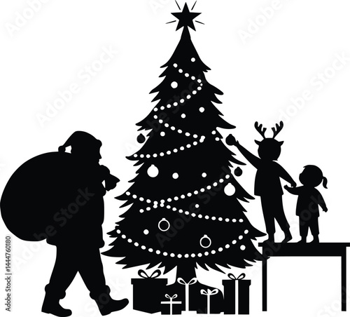 Cozy christmas eve scene featuring santa claus, a decorated tree, and joyful children placing ornaments