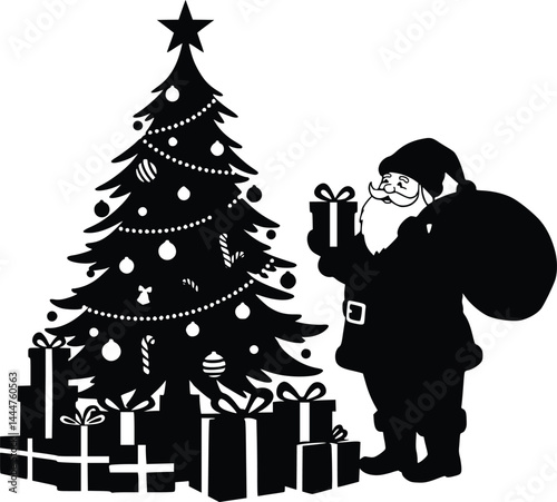 Classic christmas scene featuring santa claus with a sack of gifts beside a decorated tree and wrapped presents