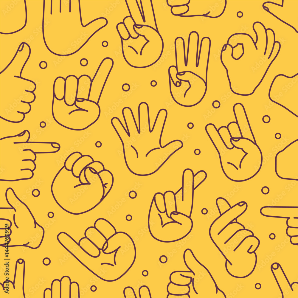 Fototapeta premium Hand gesture outline doodle seamless pattern