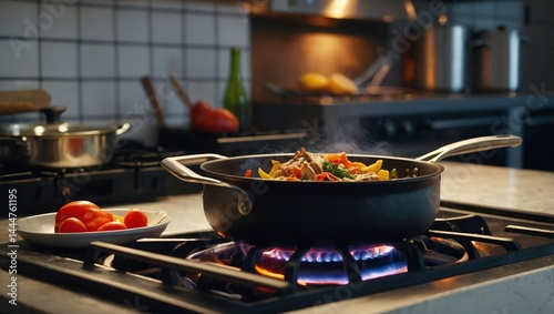 A male cook is cooking at the stove at home in the kitchen
