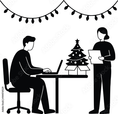 Holiday workspace scene featuring a focused professional, laptop, christmas tree, and decorative string lights