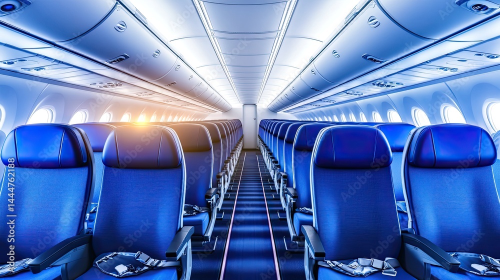 Fototapeta premium Comfortable blue seats in economy class cabin of airplane for modern travel experience