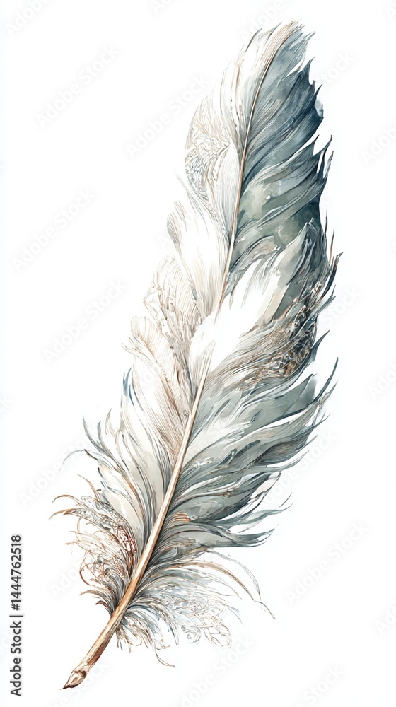 Fototapeta premium A delicate watercolor painting of a light gray feather with soft blue and beige accents.