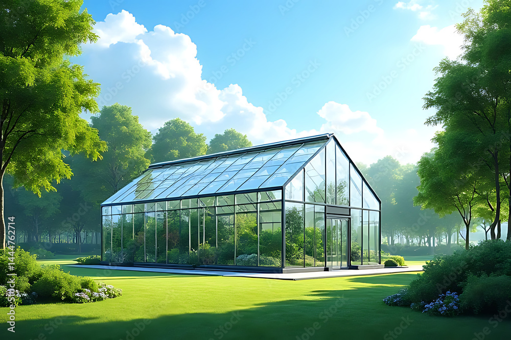 Obraz premium spacious, modern greenhouse surrounded by lush green trees under a clear sky, with ample foreground space and balanced natural lighting, vivid colors