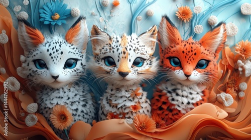 Trio of whimsical feline creatures amidst a floral fantasy garden scene