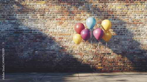 Joyful Celebration: Bright Balloons Near Brick Wall with Space for Text

 photo