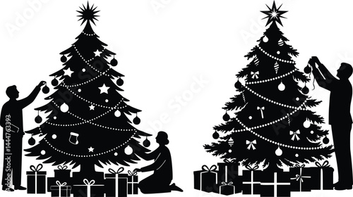 Joyful christmas tree decorating with family members placing ornaments and arranging wrapped gifts