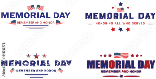  Memorial Day typography designs with stars, stripes and text honoring service and sacrifice