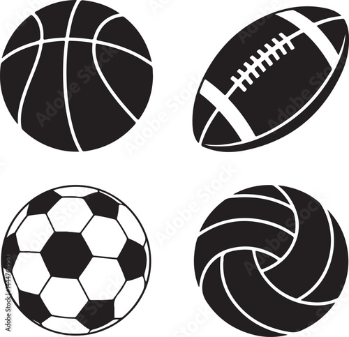 Silhouette set of balls: basketball, football, soccer ball, volleyball, tennis ball, round outline — black vector sports clipart