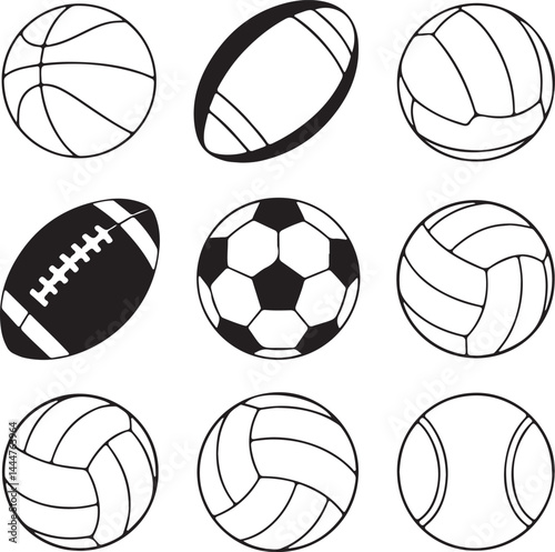 Silhouette set of balls: basketball, football, soccer ball, volleyball, tennis ball, round outline — black vector sports clipart