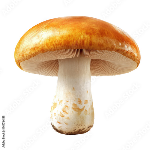 Close-up of a vibrant orange-capped mushroom.  Detailed view of its cap, stem, and texture photo