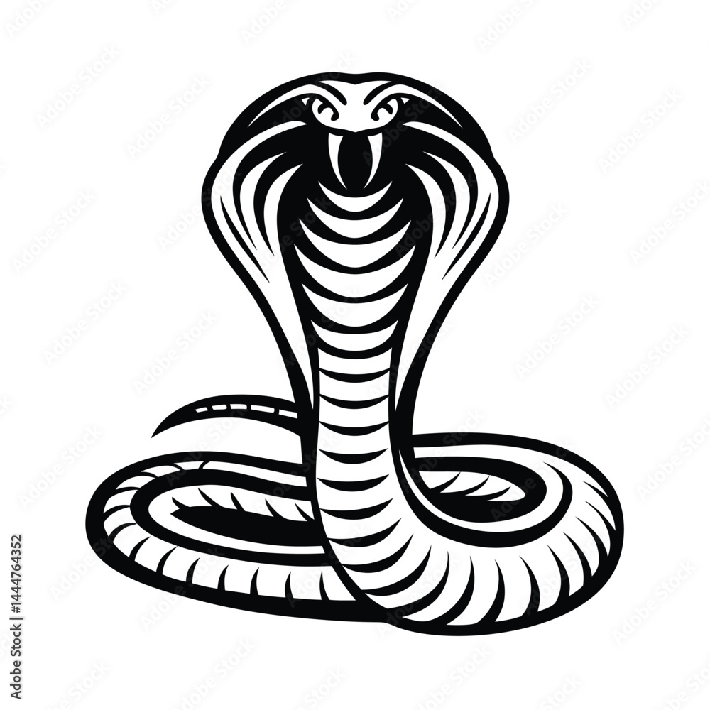 Fototapeta premium Cobra Snake Upright, Black and White Silhouette, Hooded and Coiled, Dangerous Reptile