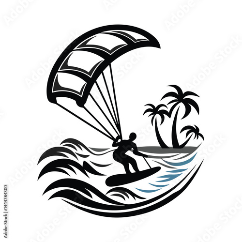 Kitesurfer Silhouette on Surfboard, Tropical Island, Palm Trees, Waves, Minimalist