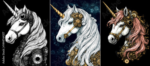 set of steampunk unicorn illustration